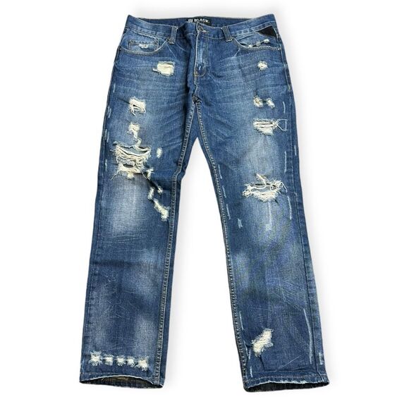 Black Men's Blue Distressed Denim Low Rise Slim Straight Jeans Size 34x32 NWT - Picture 1 of 4